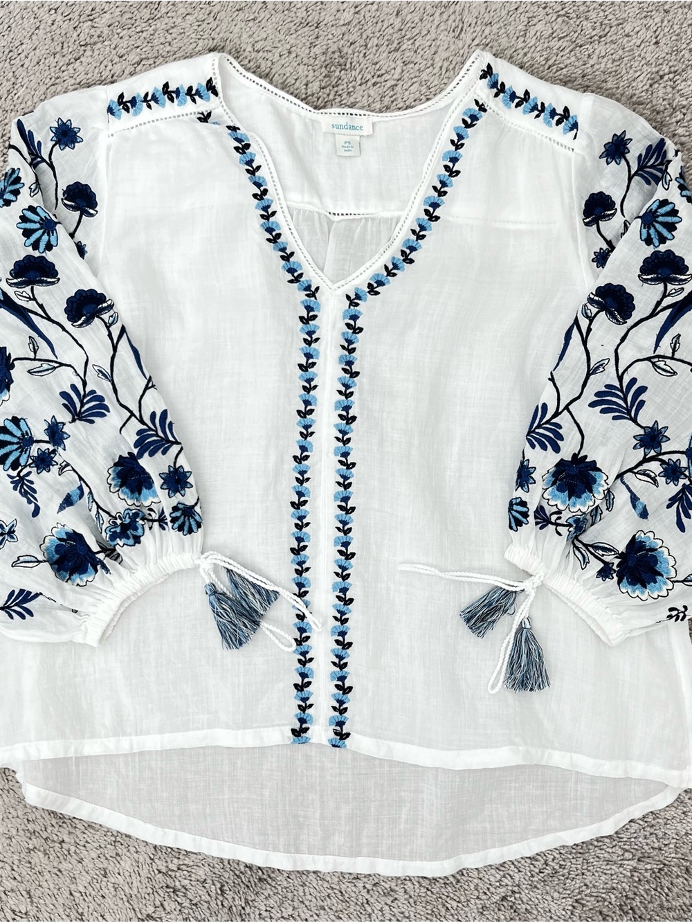 Sundance White Tunic with Blue Floral Embroidery